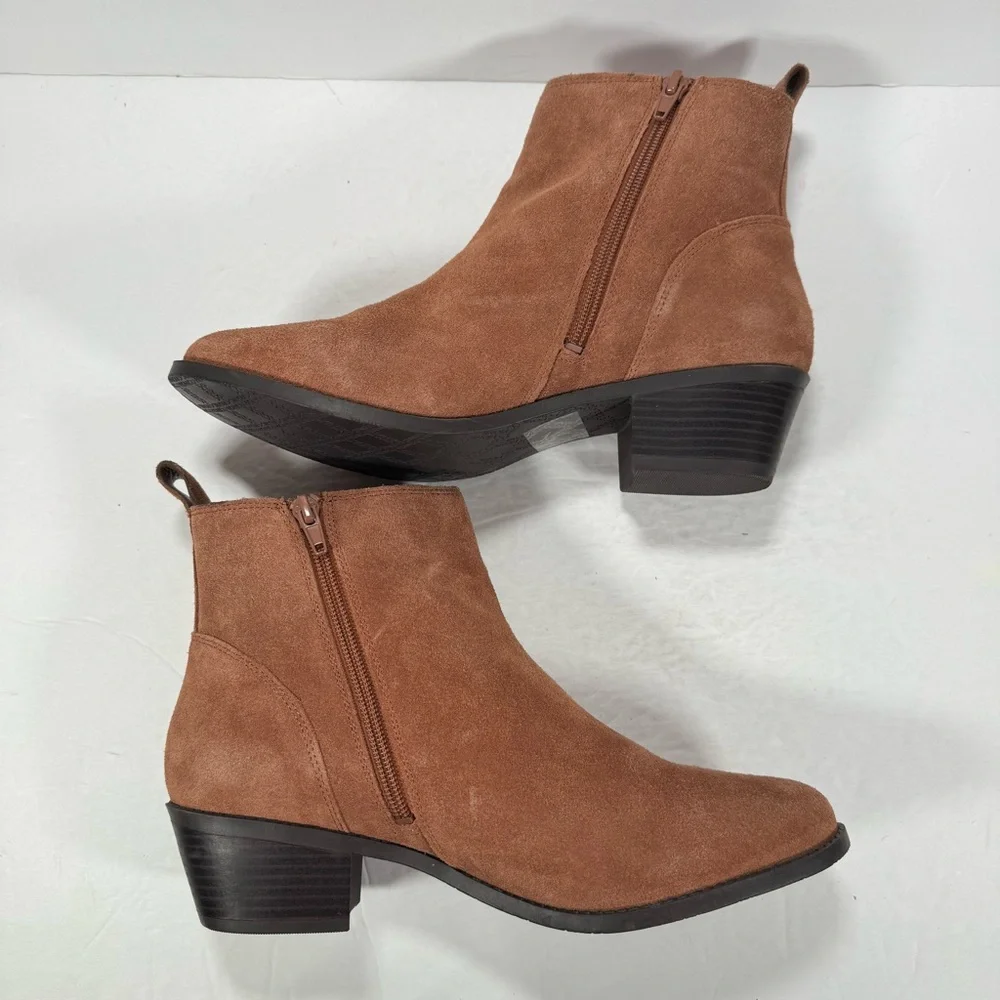 Vionic Roseland Toffee Brown Suede Heeled Ankle Booties Comfort Shoes Women 10